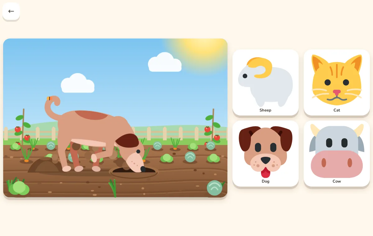 Animated scene of a cow in a meadow with four cards to choose from