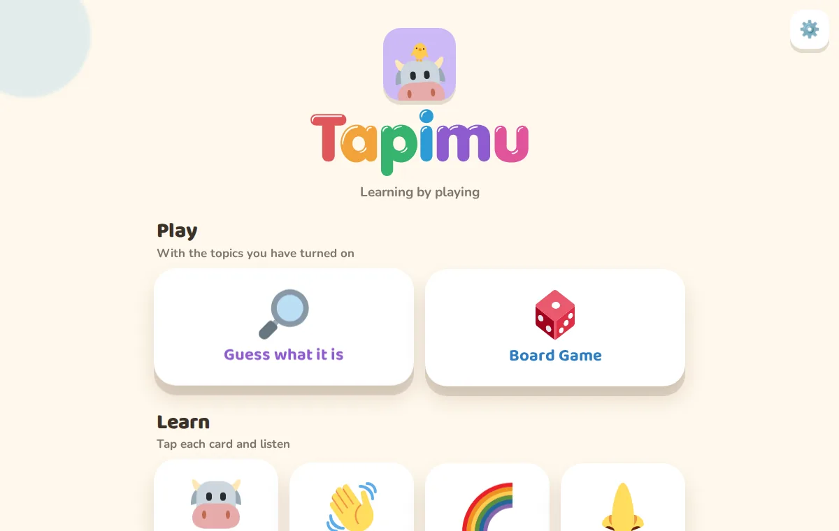 Tapimu home screen with the two games and the topics