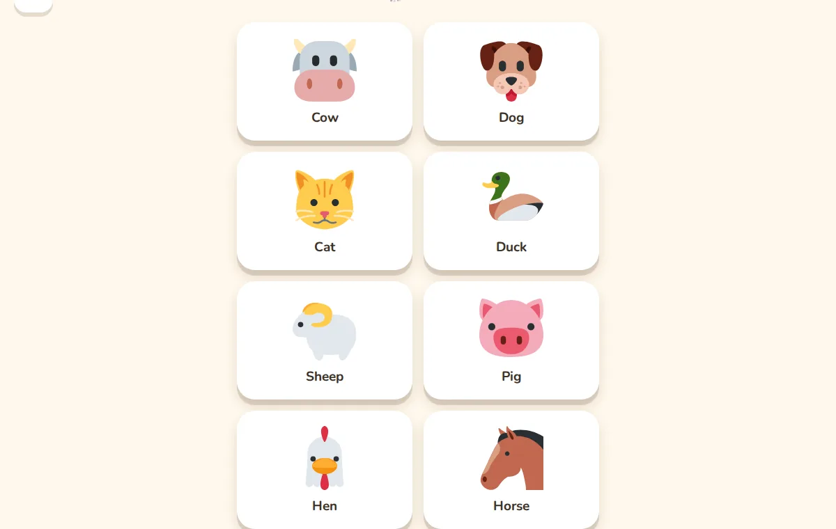 Farm topic with eight animal cards